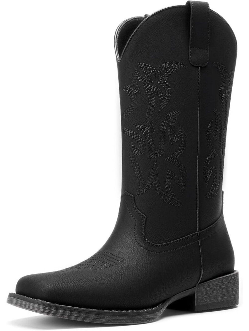 Women Black Pull-On Square Toe Western Mid Calf Embroidered Stitched Retro Boots